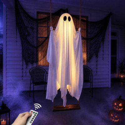 Grande balançoire décorative d'Halloween suspendue 5 pi pré-assemblée pour l'extérieur | Prêt à accrocher, balançoire réglable en hauteur, guirlandes de lumières à distance, tissu lisse drapé, décoration de jardin de véranda