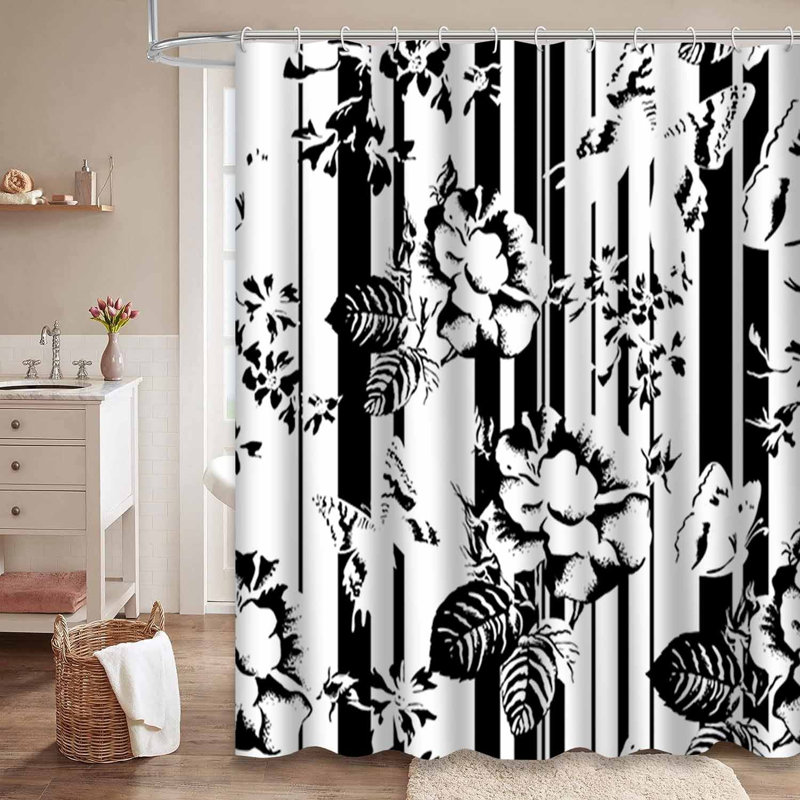 Rideau de douche noir à rayures blanches sans couture avec 12 crochets, L 72 po x l 84 po