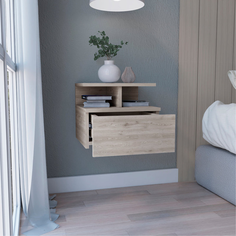 Table de chevet flottante murale avec tiroir simple et tablette à 2 niveaux, Gris