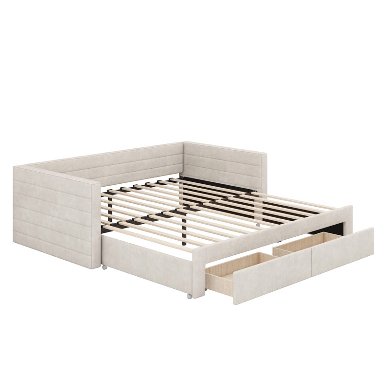 Structure de lit de jour extensible rembourrée avec couchette, Beige