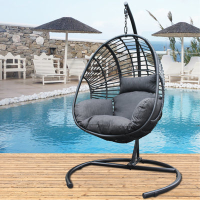 High Quality Outdoor Indoor Black Color PE Wicker Swing Egg Chair With Antracite Color Cushion And Black Color Base
