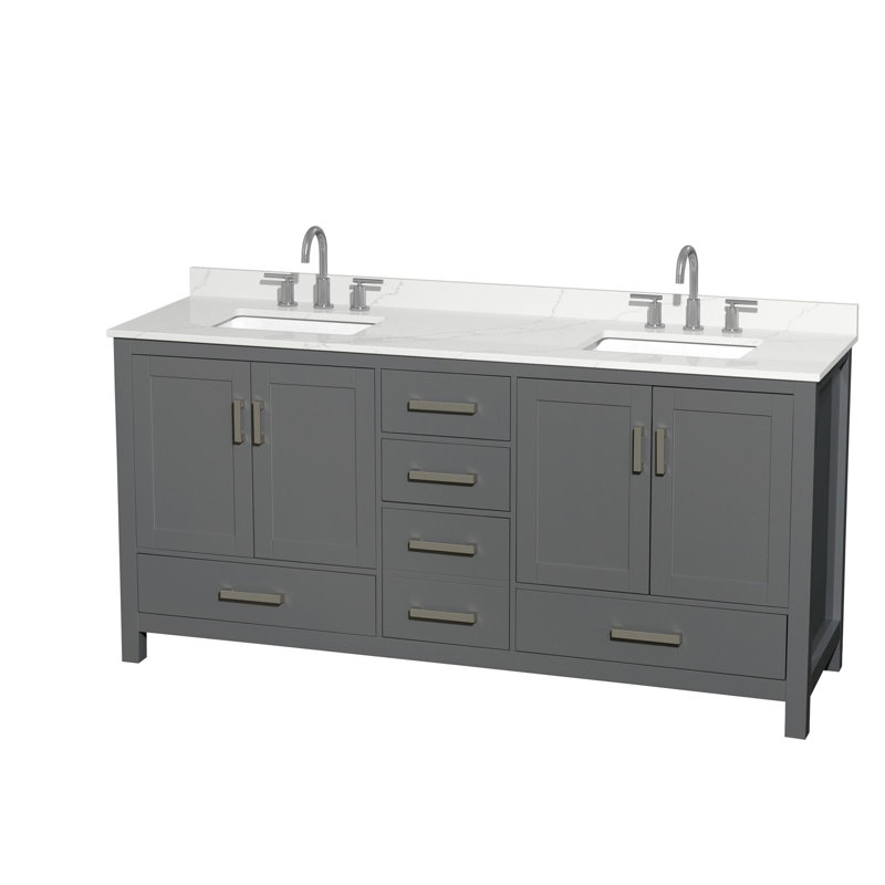 Meuble-lavabo double autoportant 72 po avec plateau en quartz Sheffield, Quartz blanc, Gris foncé, Chrome