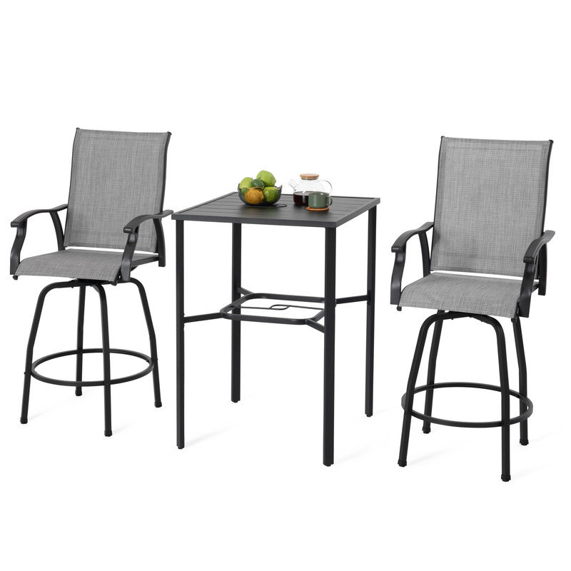 Patio 3-Piece Bar Set with Umbrella Hole, Swivel Textilene Bar Stools