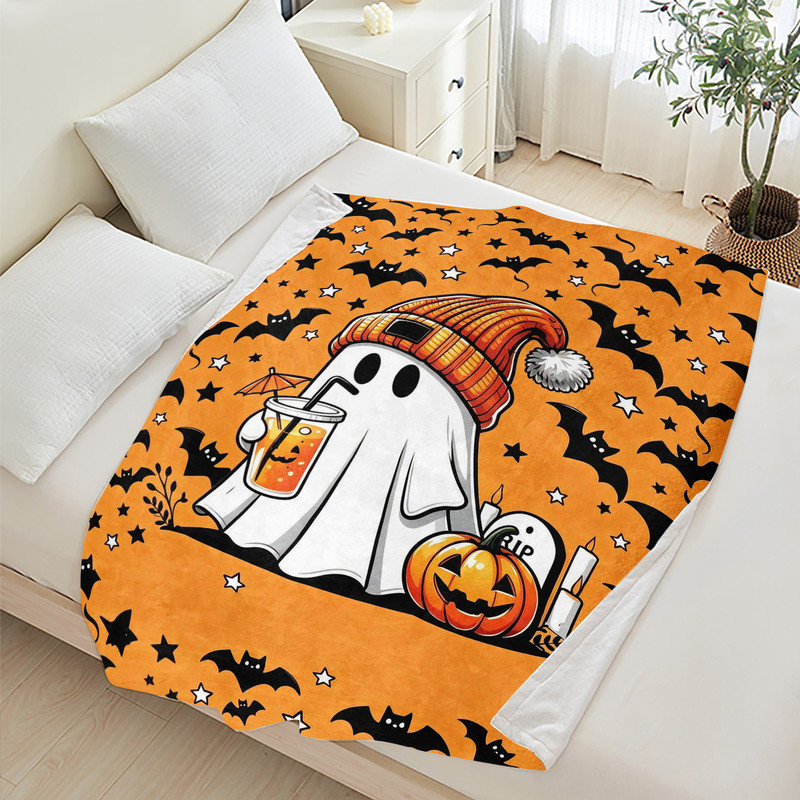 Plaid en flanelle polaire JYK pour l'Halloween, léger, respirant, doux et chaud en microfibre pelucheuse, 76 x 102 cm, motif fantôme buvant