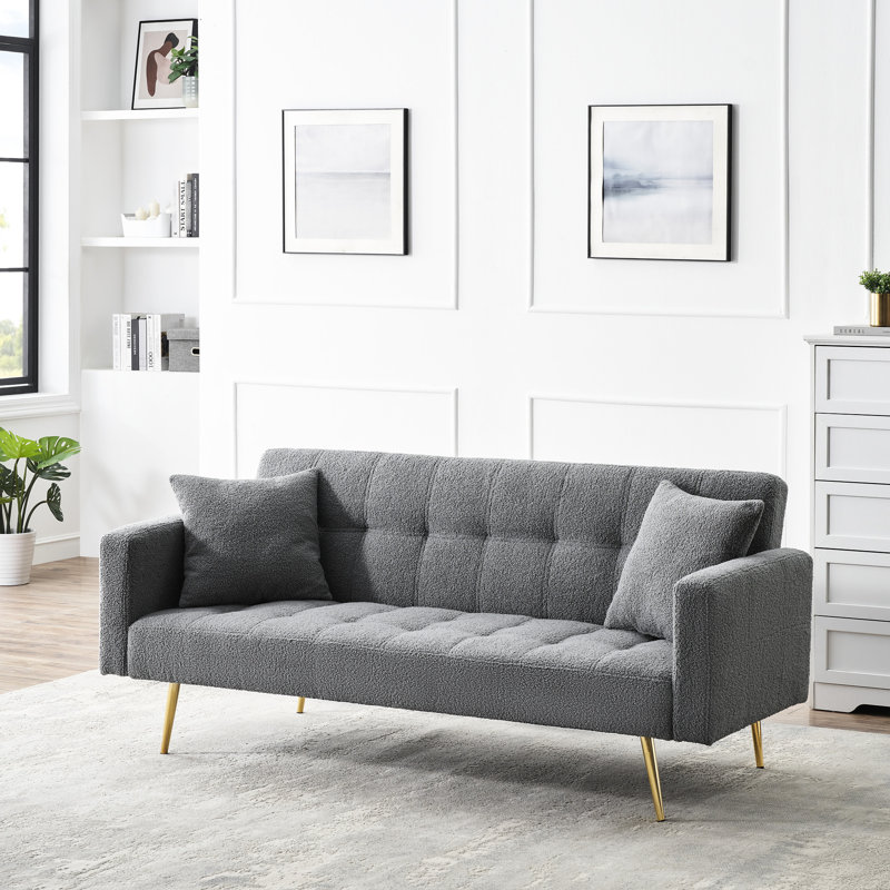 71.7 - Inch Grey Bed With Fleece, Modern Design For Living Space, Solid Wood Frame, Metal Legs, 2 Seats, Included Pillows Suitable Room, Throw Pillows, Quick And Easy Assembly