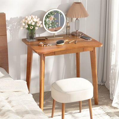 100% Solid Wood Desk with Drawers - 32 x 24 Inch Home Office Computer Desks, Modern Writing Desk with Drawers, Simple Study Table Makeup Vanity - Walnut Vintage Desks