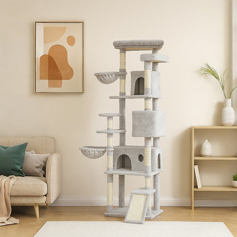 Tour pour arbre à chat 84 po pour grands chats - maisonnette pour chat moderne à plusieurs niveaux, Gris clair