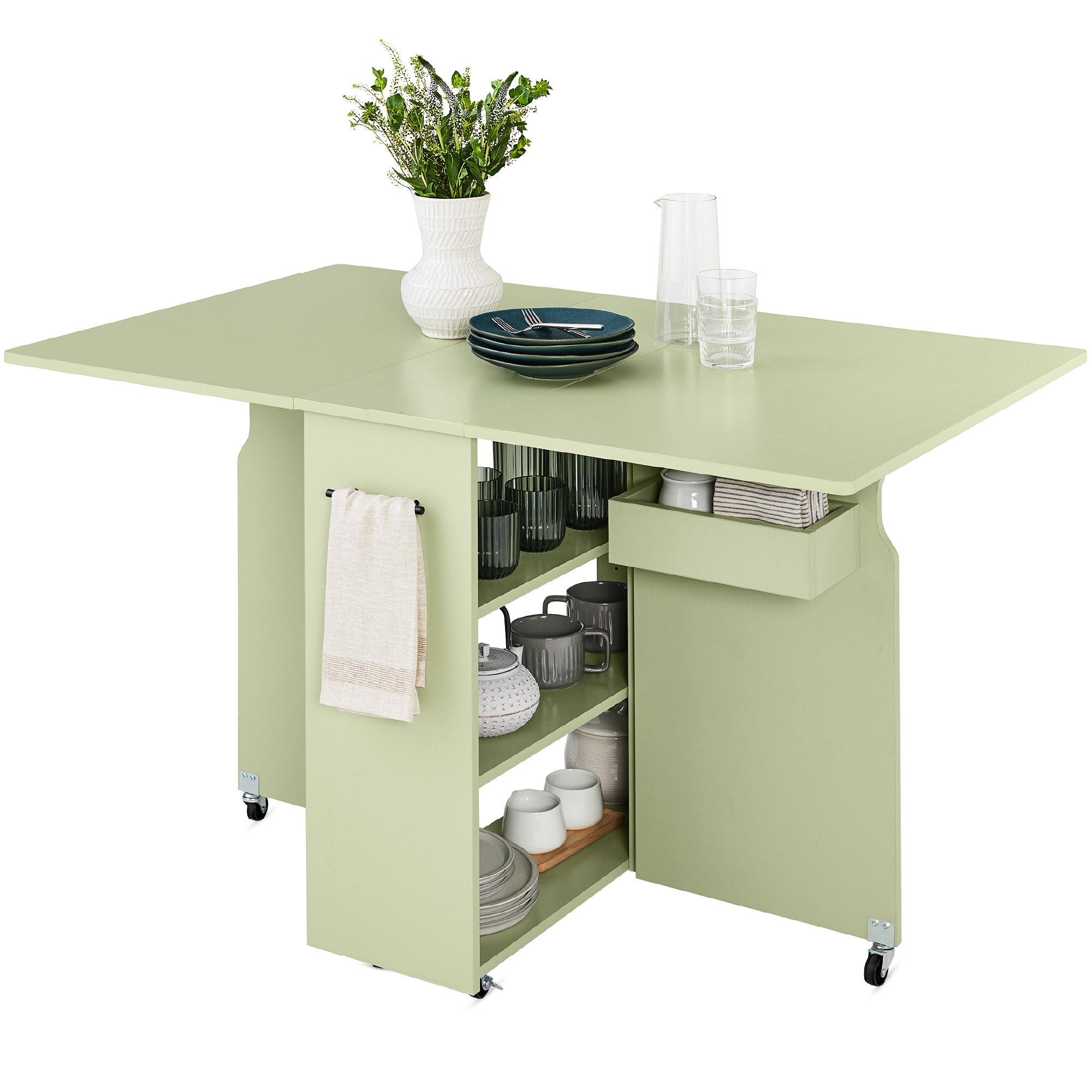 Ebern Designs Multipurpose Folding Table W/ Wheels, 3 Storage Shelves, Cubby, Handle & Reviews | Wayfair