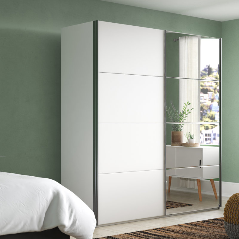Minosa 2 Door Sliding Wardrobe, 197cm H x 181cm W x 48cm D, Basic: 7 shelves, 1 clothes rail (pull-out clothes