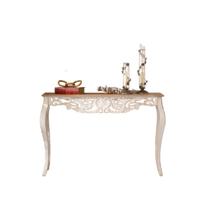 43.3-Inch White Rectangular Wooden Sofa Table – Featuring Unique Artisan Carvings
