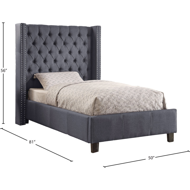 Lit plateforme tapissier à profil bas Ashton, Tissu texturé en lin gris, Simple