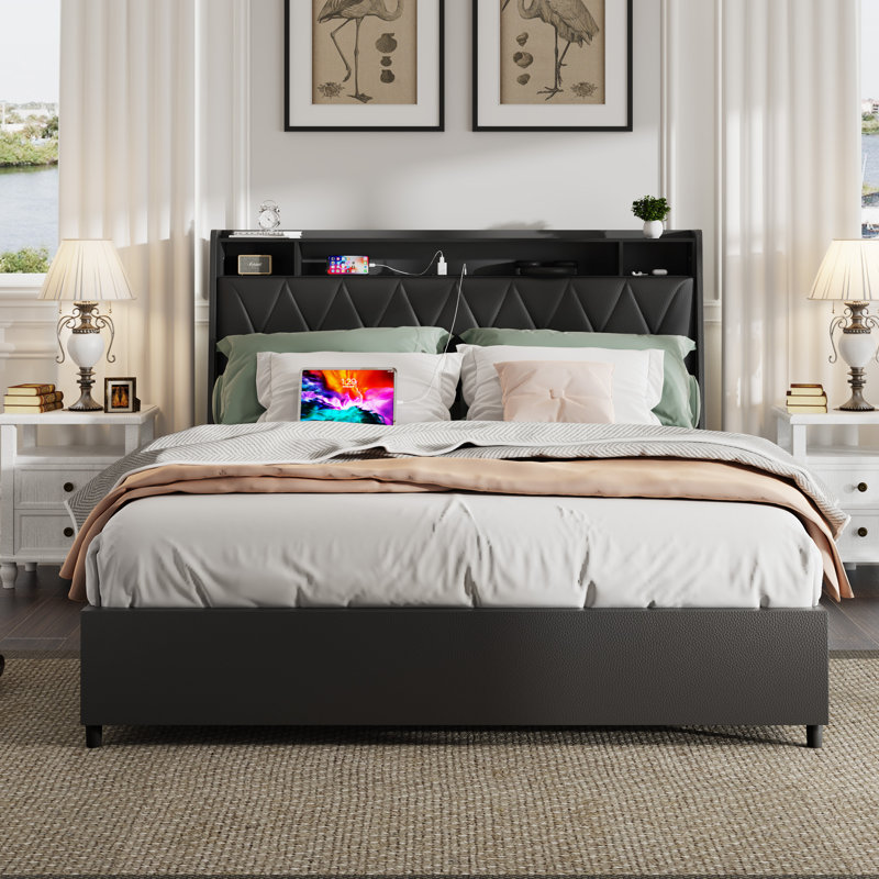 Queen Bed Frame With Ergonomic Headboard, Platform Bed Frame Queen Size With Outlets & Charger, Metal Bed Frame Queen Size With Storage Shelf, Noise-Free, No Box Spring Needed