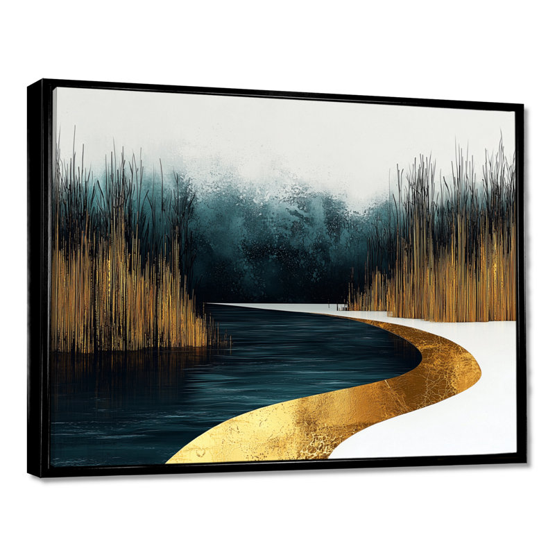 «Quiet Bold River In Emerald Gold Harmony III - Forest River Mountains, art mural, H 12 po x l 20 po, Floater Framed, Noir