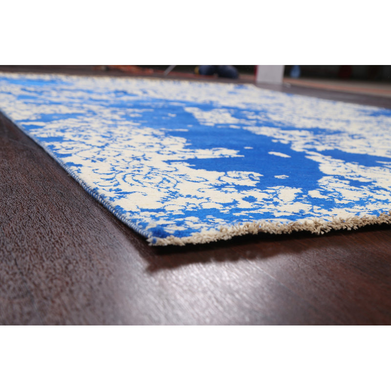 Tapis bleu / blanc nouvel âge en laine noué à la main de conception unique 6 pi 2 po x 9 pi 1 po