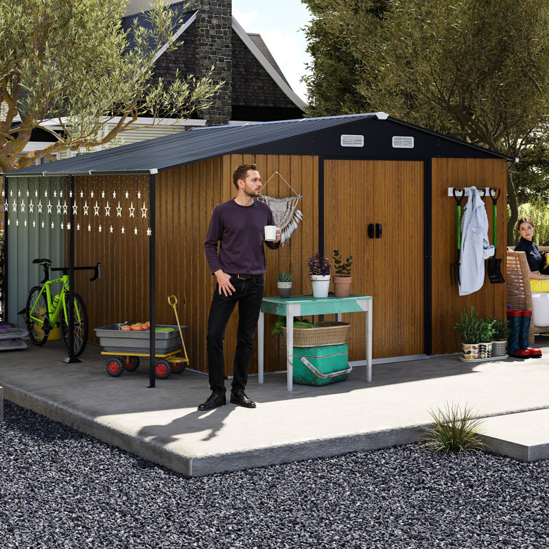 Abri de jardin en métal jaune de 3 x 3,6 m (10 x 12 pi), conception à deux zones pour séparer les outils et le bois de chauffage, portes coulissantes fluides, fenêtres à quatre carreaux pour une ventilation naturelle, acier galvanisé