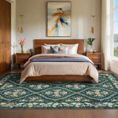 Tapis rétro délavé antidérapant lavable à la machine - à poils courts, ne perdant pas ses poils pour chambre à coucher, salon, dortoir - 9 x 12 pi (274 x 366 cm), couleur noire, spécifications américaines