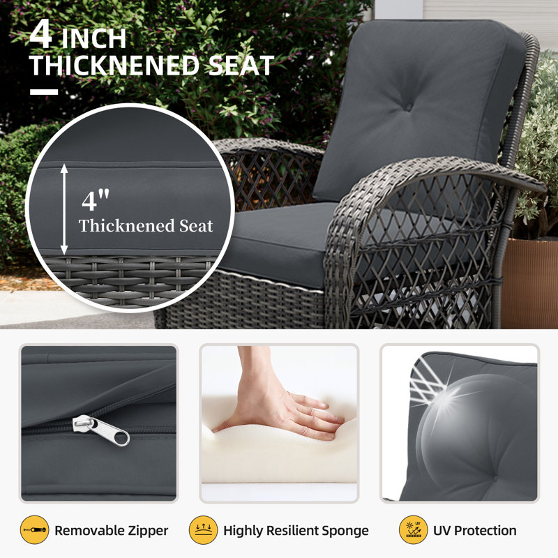  Ensemble de chaises berçantes et pivotantes en osier pour l'extérieur 4 pièces avec coussins, Gris foncé