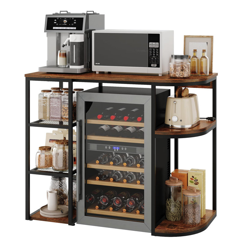 46.9” Mini Fridge Cabinet with Power Outlet – Heavy-Duty Coffee Bar and Microwave Stand, Multi-Functional Storage Shelf for Dorm, Kitchen, Office