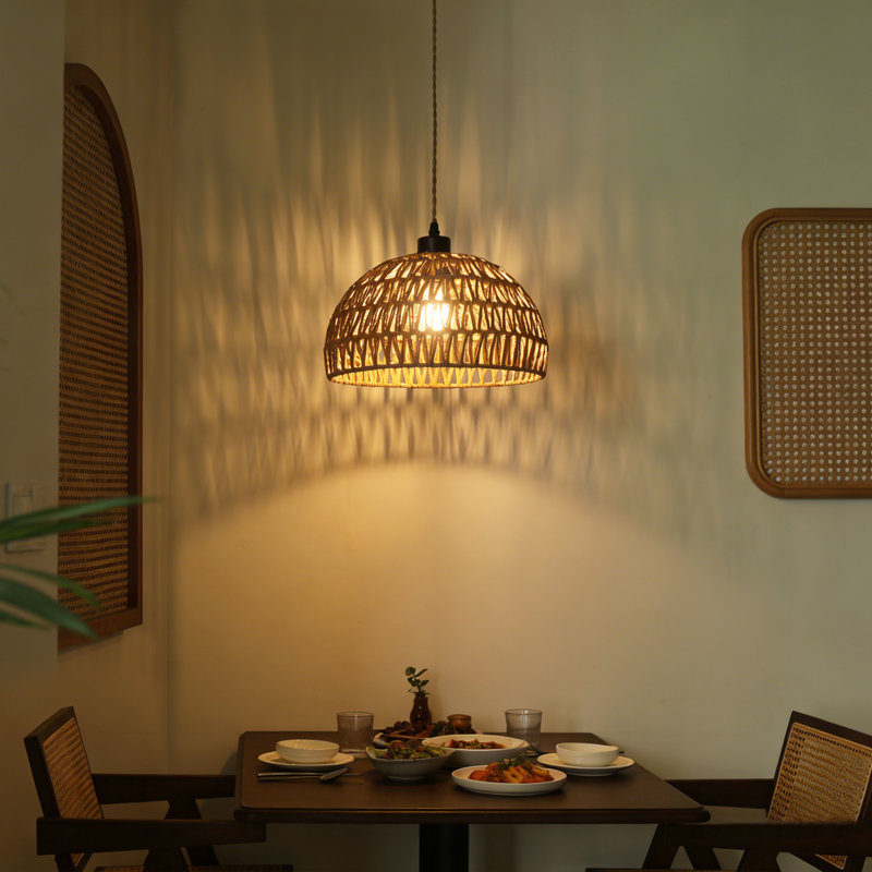 Derica 1 - Light 13.78in. Plug-In Woven Rattan Dome Pendant with Rope Accents Boho Style, 14.76 feet Cord, Brown