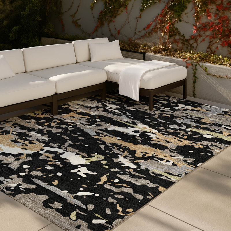 Tapis abstrait lavable à la machine intérieur / extérieur ACN2595, Noir, 10 pi x 14 pi