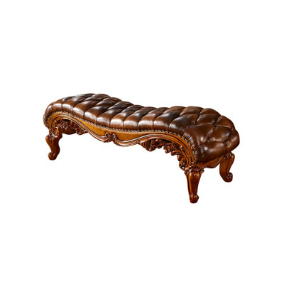 European-style Solid Wood Carved Leather Bed Stool Genuine Leather Upholstered Bench