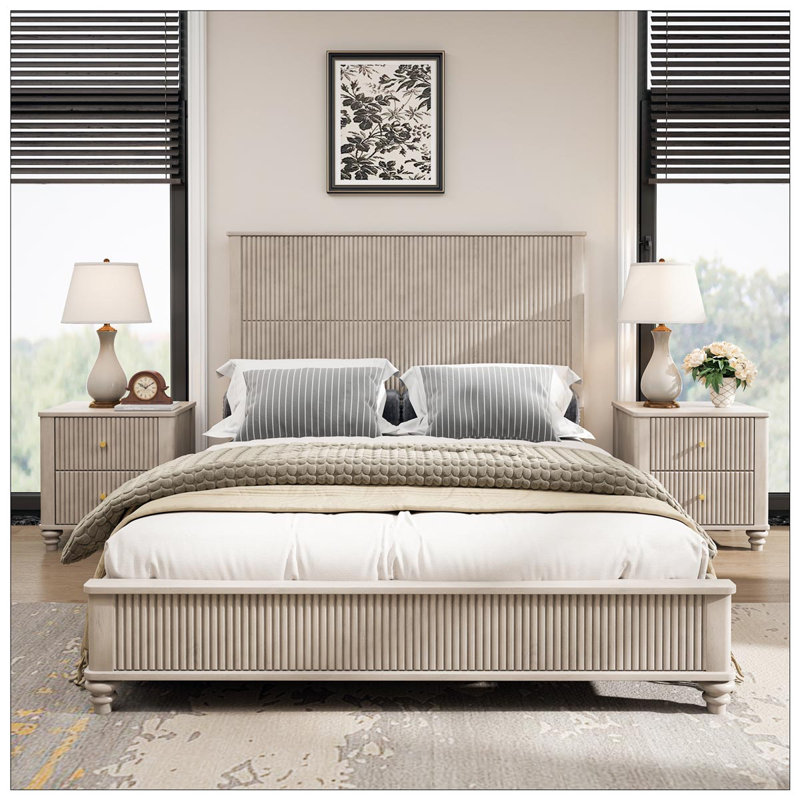 Solid Wood Bed Frame, Beige, Queen