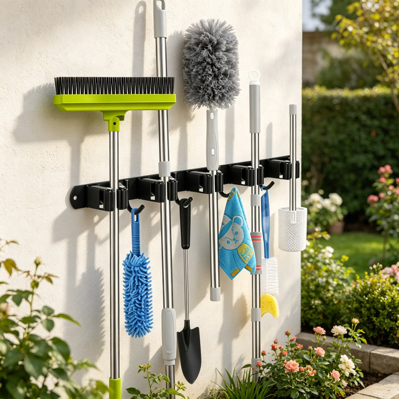 Support de balai et vadrouille mural robuste avec 5 supports et 4 crochets, organisateur de garage et de cuisine auto-adhésif ou à visser pour un rangement compact