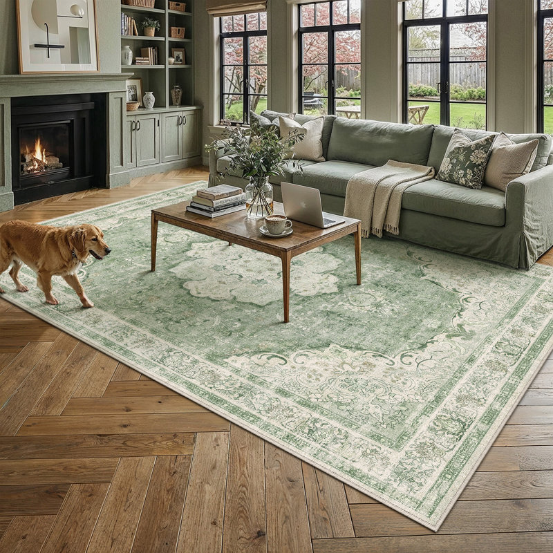 Vintage Distressed Medallion Washable Area Rug With Non-Slip Backing, Rectangle 8' x 10', Green