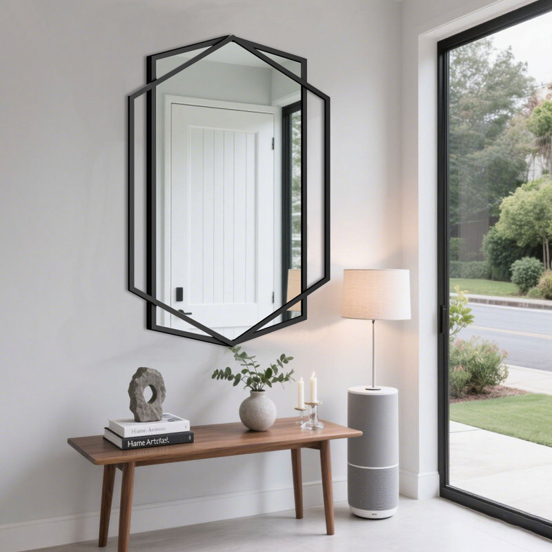 Wall Decorative Mirror, Modern Wall Mirror For Bathroom, Wall Vanity Mirror With Irregular And Rectangular Metal Black Frame