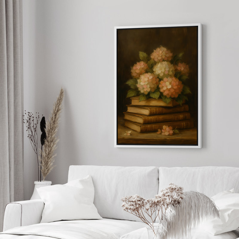 Livres rétro avec fleurs d'hortensias, bibliothèque, impression sur toile encadrée, H 24 po x l 16 po, Blanc