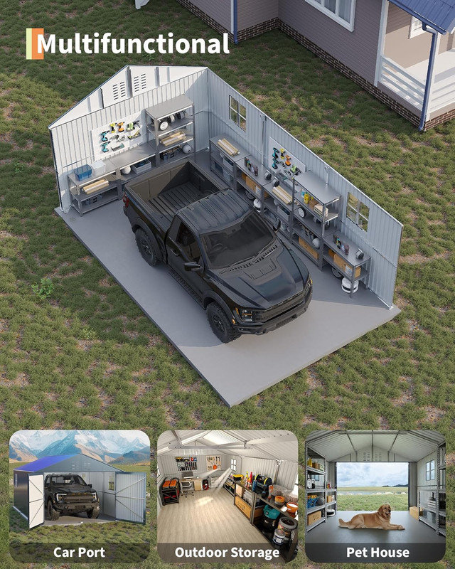 12x20 FT Metal Carport, Enclosed Garage Shed with Steel Roof for Trucks & Storage