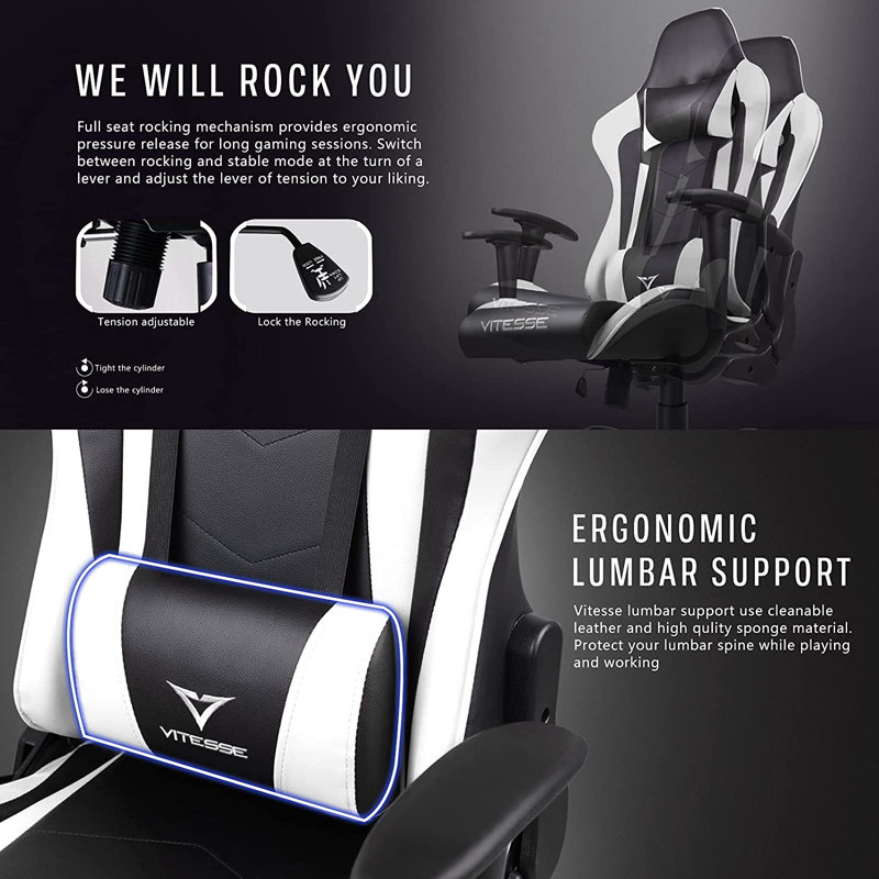 Fauteuil de jeu ergonomique avec support lombaire et appui-tête, Noir / blanc