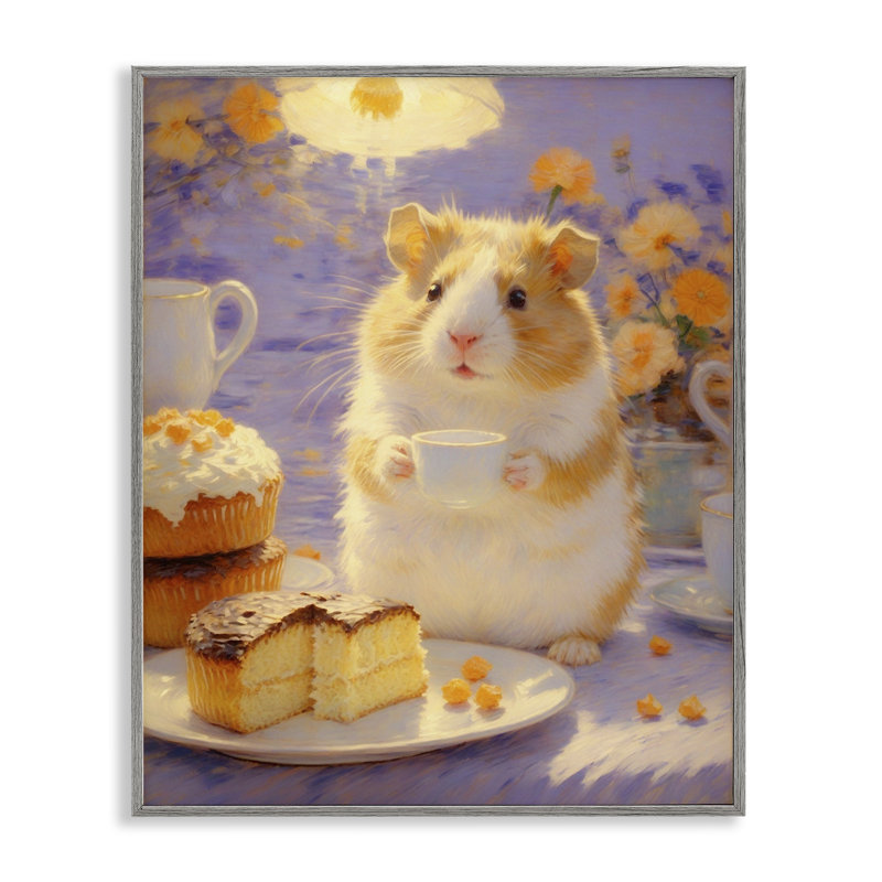 Hamster Tea Party avec gâteau, estampe numérique, design par Angie Hawke, 30 x 24, Giclée de ferme grise encadrée