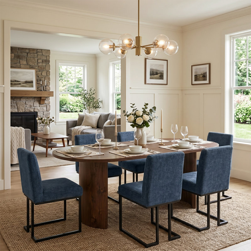 Ensemble de salle à manger moderne à piédestal pour 6 personnes 79 "avec chaises rembourrées Modern, Bleu