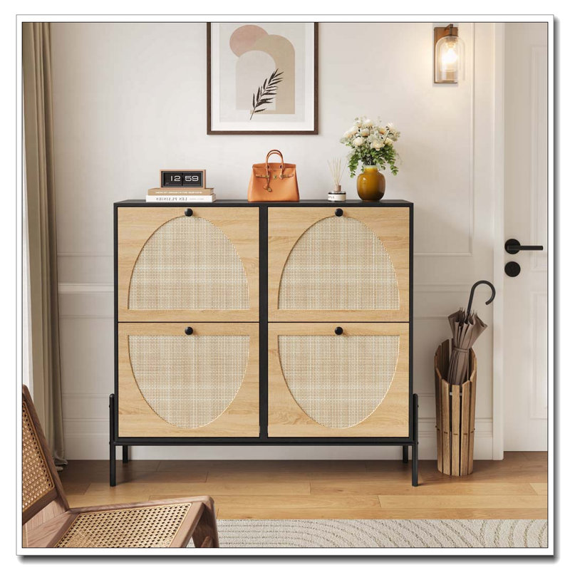 Armoire à chaussures en rotin avec 4 portes rabattables, Noir
