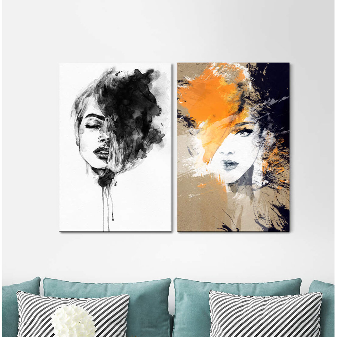 2-tlg. Leinwandbilder-Set - Grafikdruck „Women Portrait Watercolour Black White Sensual Beautiful Spots Modern”