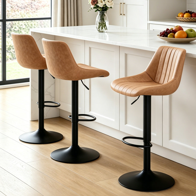  Ensemble de 3 tabourets pivotants à hauteur réglable avec dossier, Siège noir / cadre doré, 3
