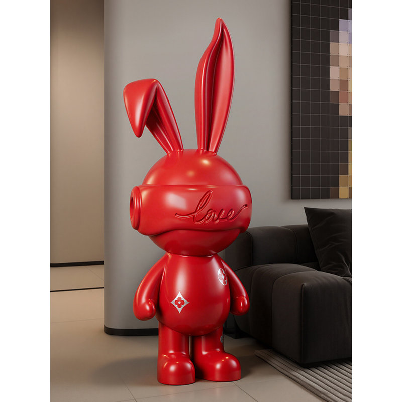 Lapin pelucheux en résine, Rouge