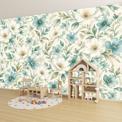 Papier peint adhésif à motif floral délicat à motif de feuilles délicates, blanches et vertes, bleu clair, H 69 po x l 96 po, papier peint amovible en PVC pour chambre à coucher, bureau à domicile