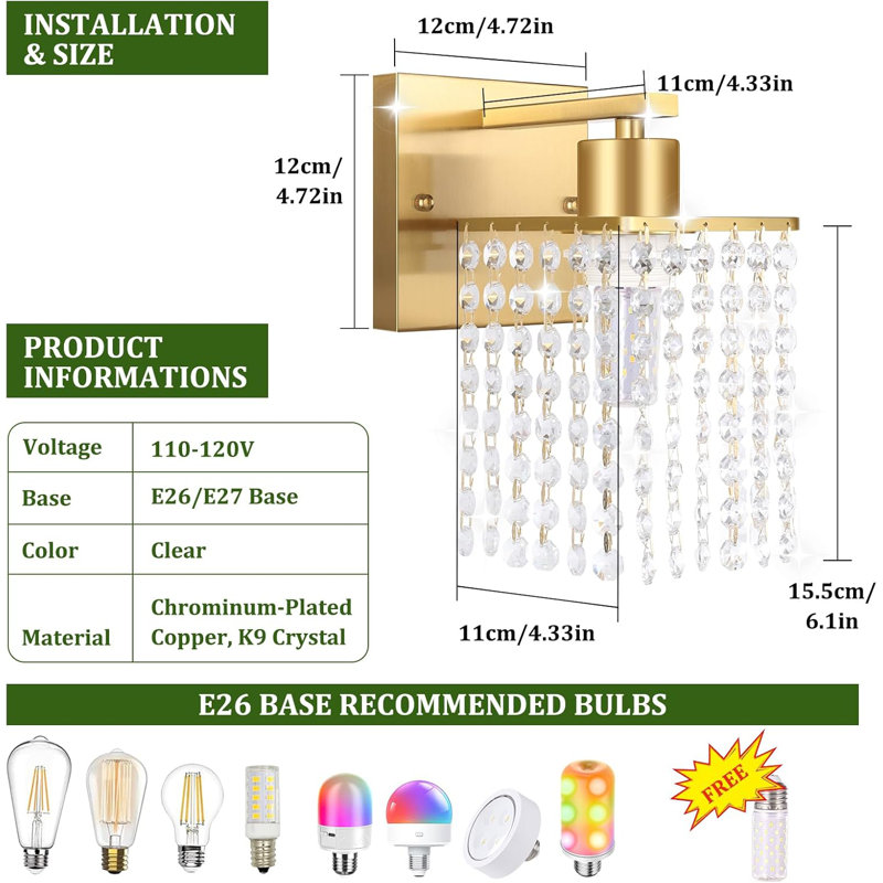 Modern Crystal Wall Sconce With Adjustable Corn Light, Clear Crystal Drops Shade & Base For Bedroom, Bathroom, Gold