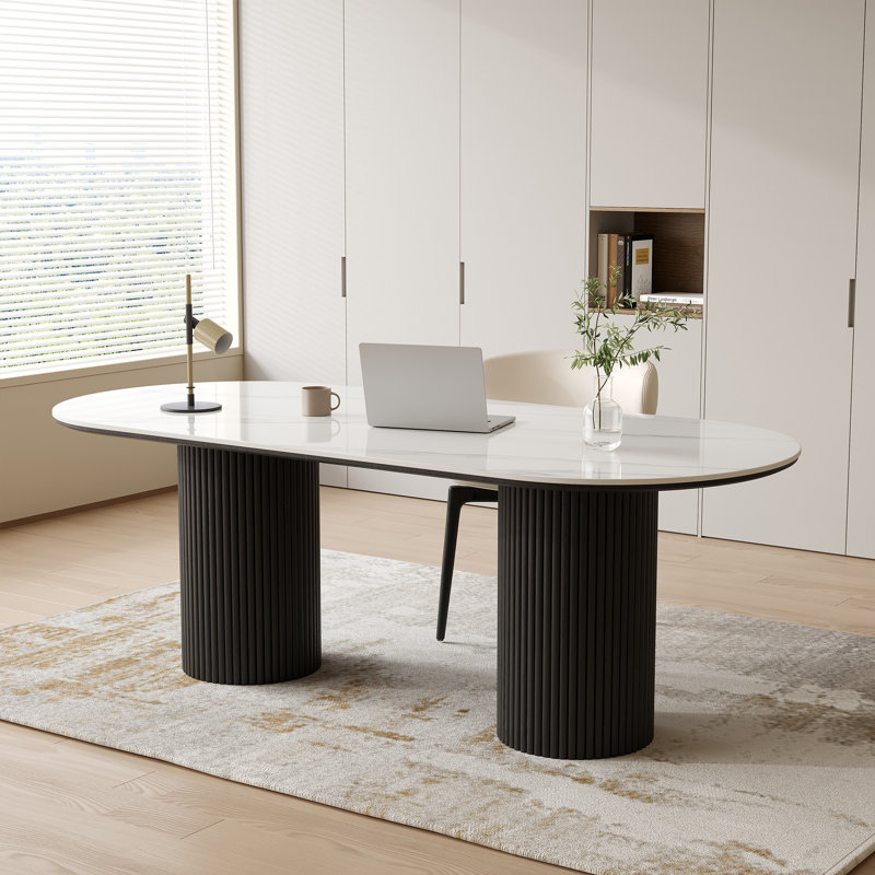 Modern Oval Writing Desk,Glossy Office Table,with Double Solid Wood Legs, White/Black, 29.53" H x 70.87" W x 35.43" D
