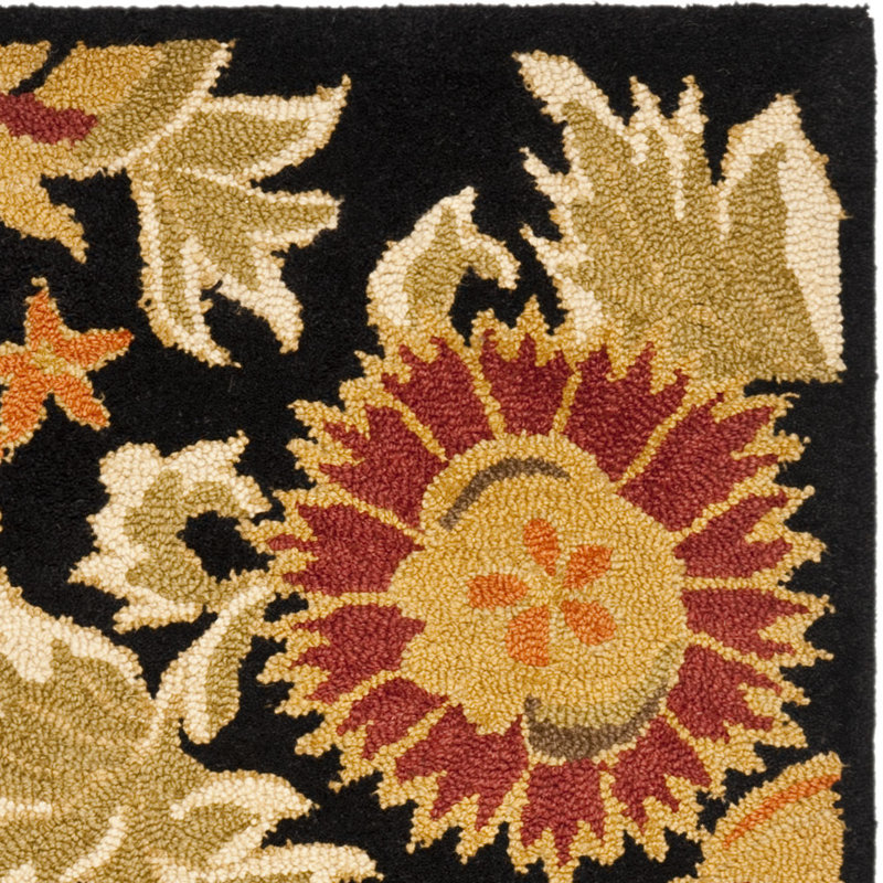 Emrick Blossom Hand Hooked Wool/Cotton/Latex Floral Rug in Black, Runner 2'3" x 11'