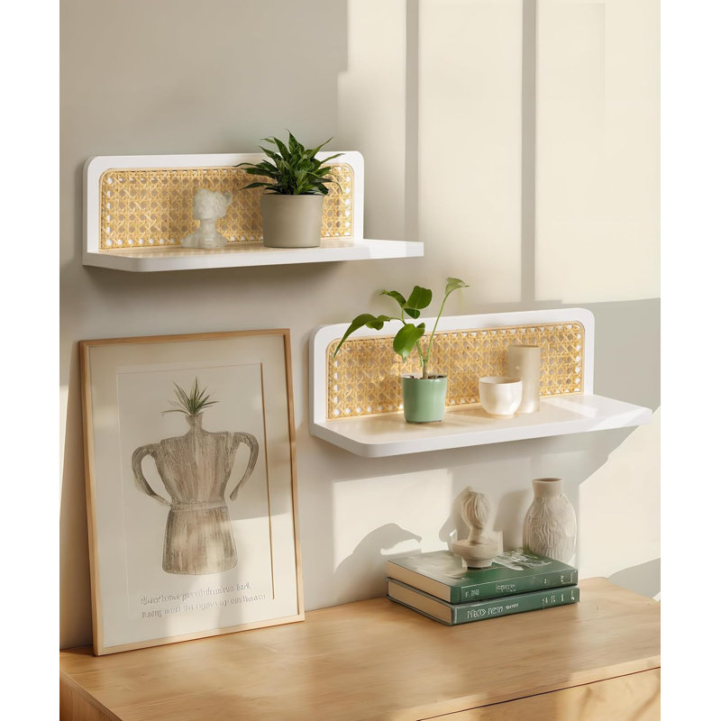 Cane Webbing Wall Shelves 2 Piece Boho Rattan Decorative Display Storage Organizer