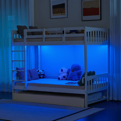 Twin Over Twin Wood Bunk Bed With RGB LED Light,USB Port Charging Station And Guardrail ,Trundle Bed,Reversible Ladder