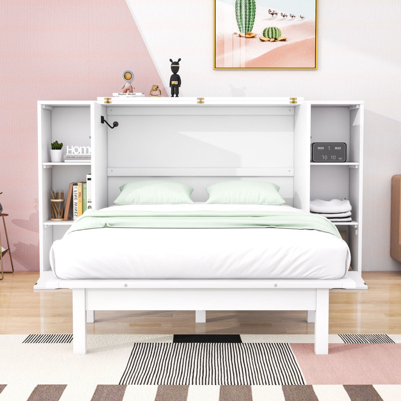 Lit avec rangement Donel Murphy avec tiroirs, tablettes et ports USB, Blanc