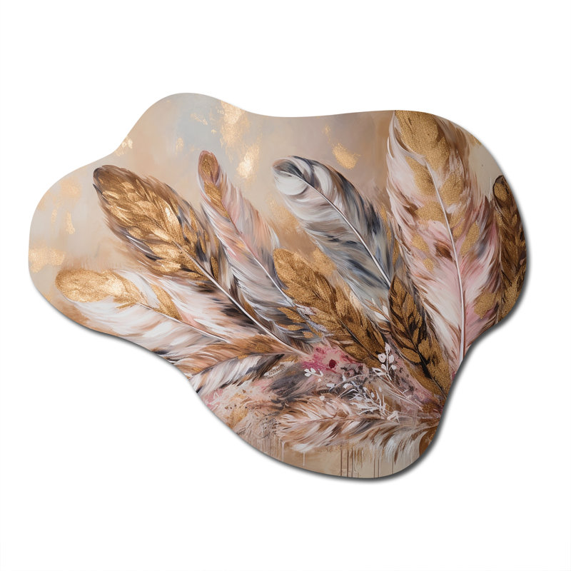 Plume dorée Boho Majesty - Glam Feather Cloud, art mural en métal, impression asymétrique dorée sur métal, H 27 po x l 35 po