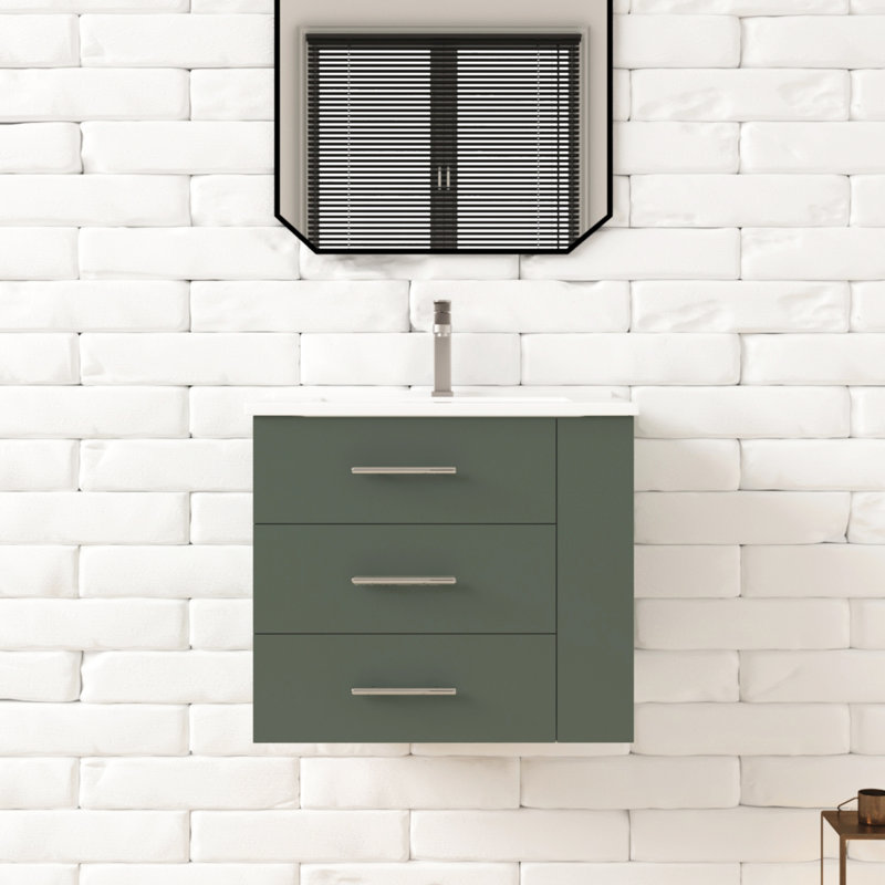 Aurilla 24 in. Single Sink Wallmount Bath Vanity with White Ceramic Countertop in Forest Green with Right Side Shelf, Green