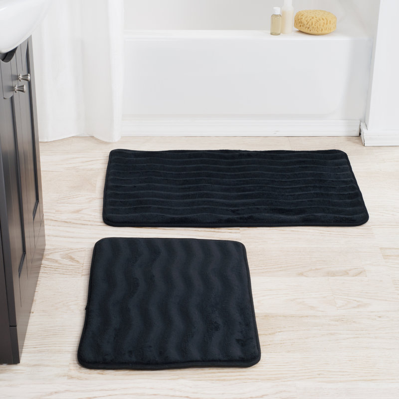 Set of 2 Memory Foam Bath Mats - Non-Slip Microfiber Bath Mats for Bathroom, Laundry, or Kitchen, Black