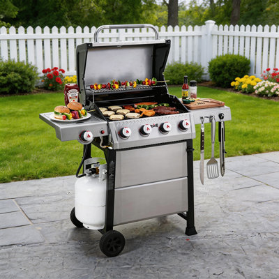 Barbecue à gaz propane FEASTO à 4 brûleurs avec brûleur latéral, 48 000 BTU, surface de cuisson de 569 po², barbecue autoportant en acier inoxydable avec grilles en fonte, grille de maintien au chaud et table d'appoint