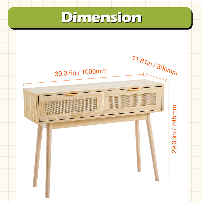 Console en rotin avec 2 tiroirs de rangement, table d'entrée en rotin avec porte coulissante en rotin, table console pour salon, bureau, entrée ou mur de télévision